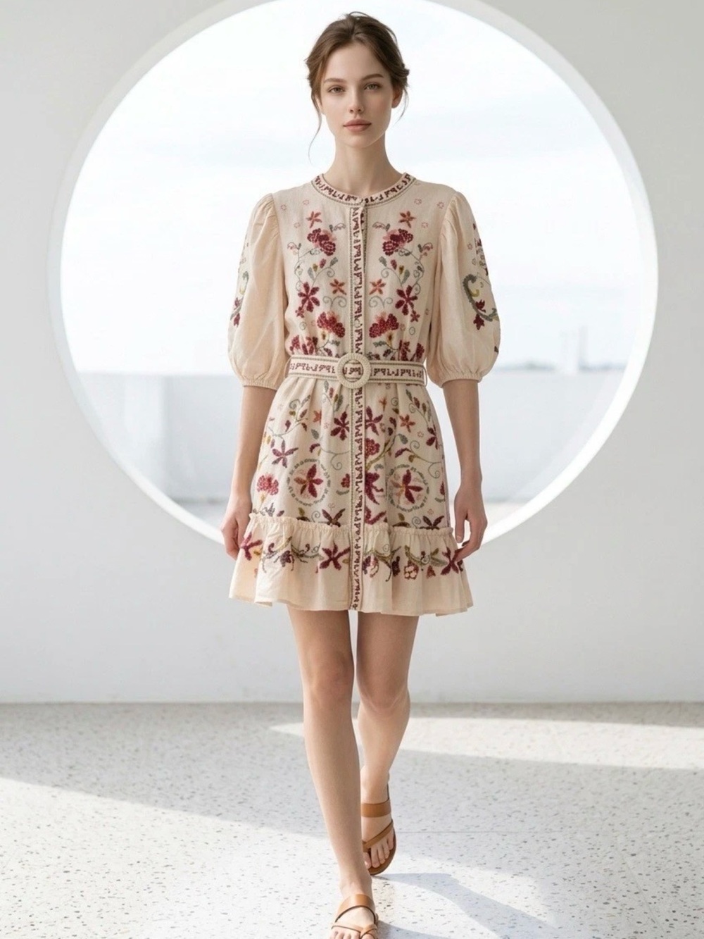 Caroline Constas Cream Embroidered Floral Tie-Waist Mini Dress